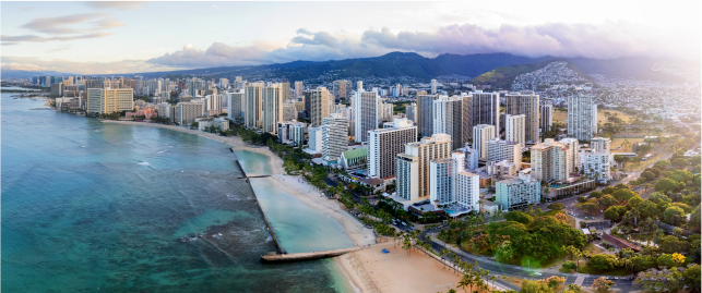 One of the many beautiful beachfront areas of Honolulu.