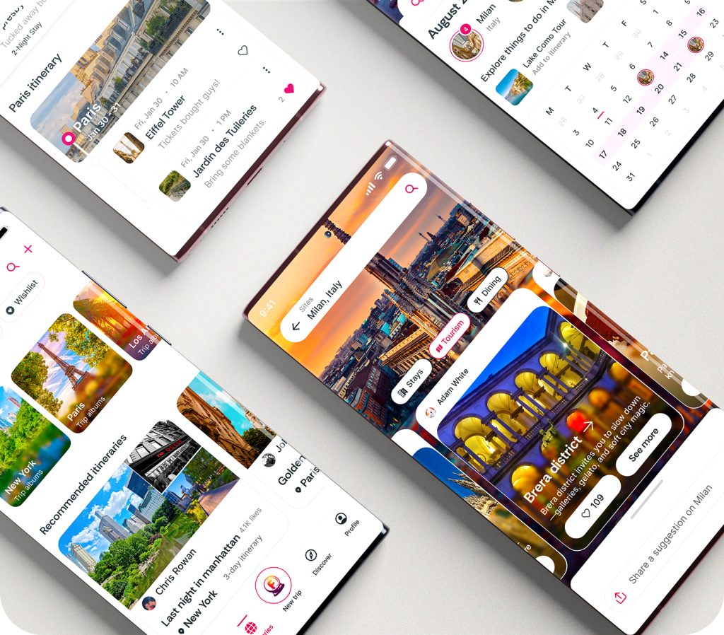 Foresyte mobile app showing travel inspiration, recommended itineraries, and city discovery features on multiple phone screens.
