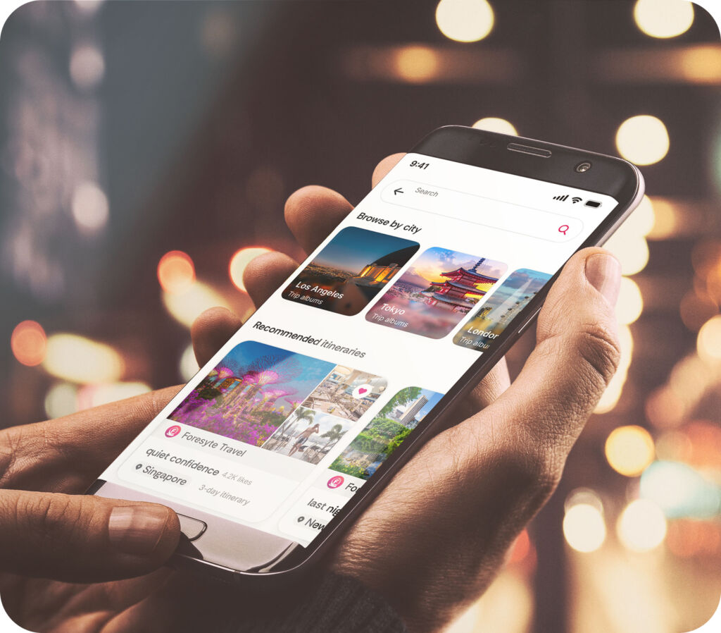 Foresyte Travel's mobile app interface showcasing curated travel discovery and itineraries.