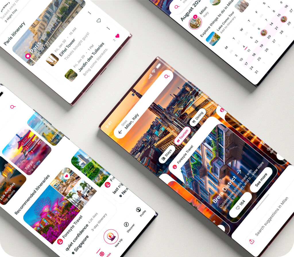 Foresyte Travel's mobile app interface showcasing curated travel discovery and itinerary planning.