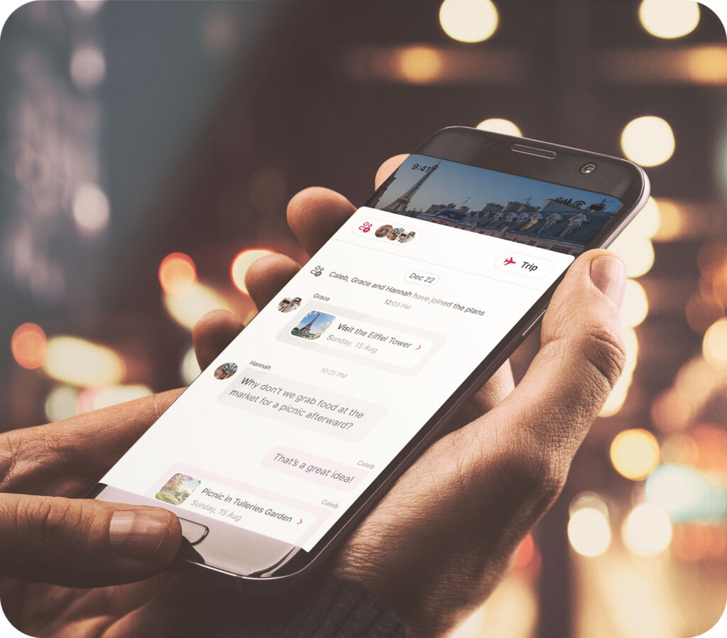 Foresyte Travel's mobile app interface showcasing collaborative group trip planning.