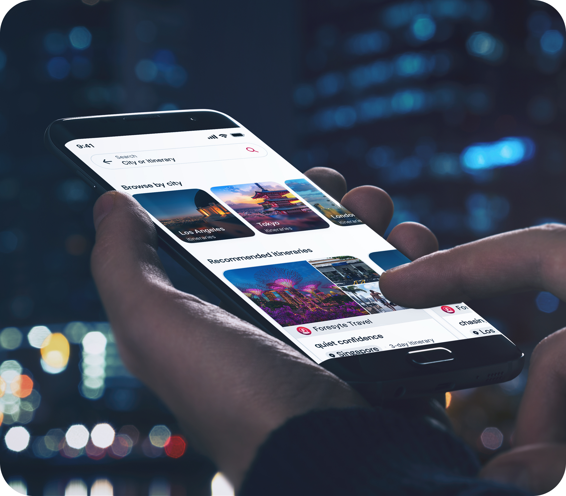 Foresyte Travel's mobile app interface showcasing curated travel discovery and itineraries.