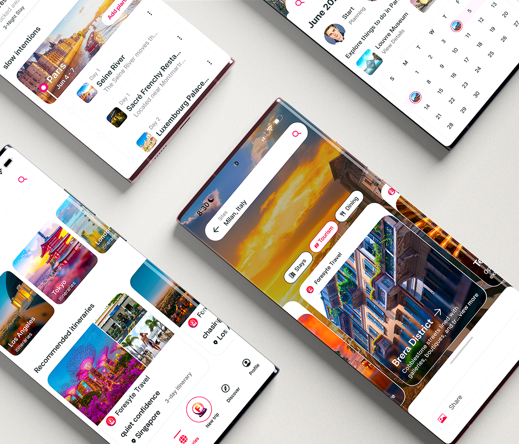 Foresyte Travel's mobile app interface showcasing curated travel discovery and itinerary planning.