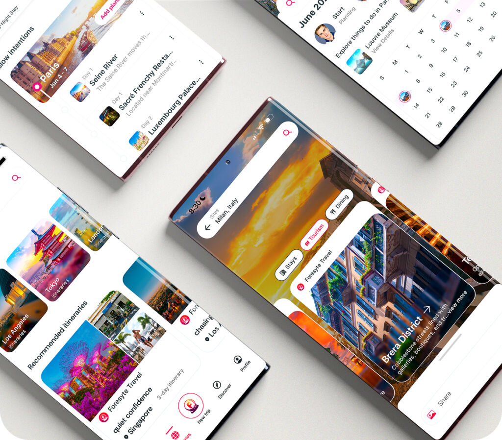 Foresyte Travel's mobile app interface showcasing curated travel discovery and itinerary planning.