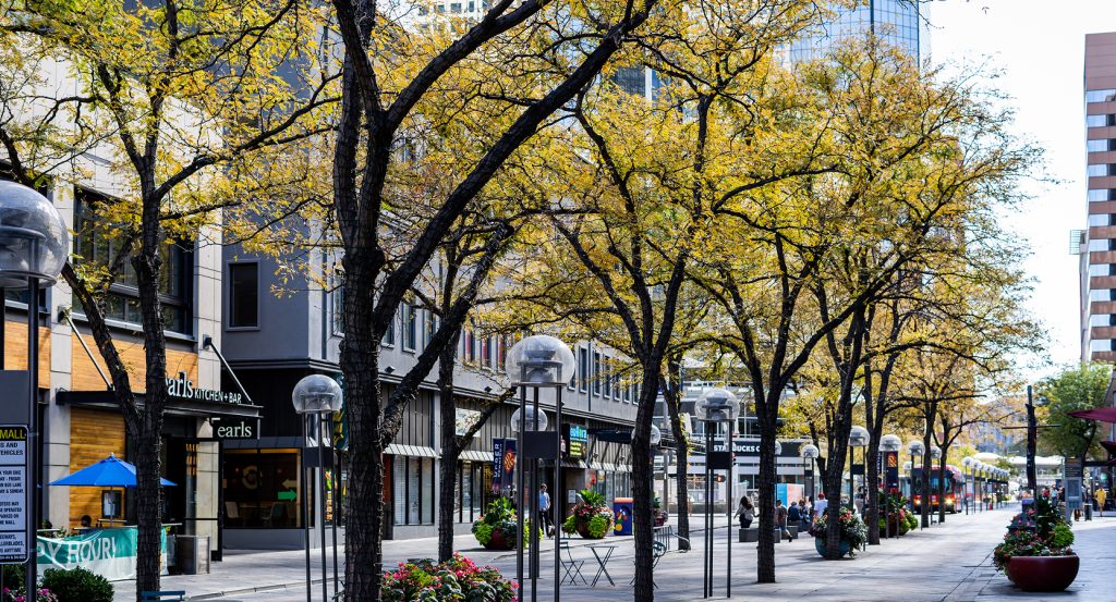 Outdoor shops, restaurants, and people walking along 16th Street Mall