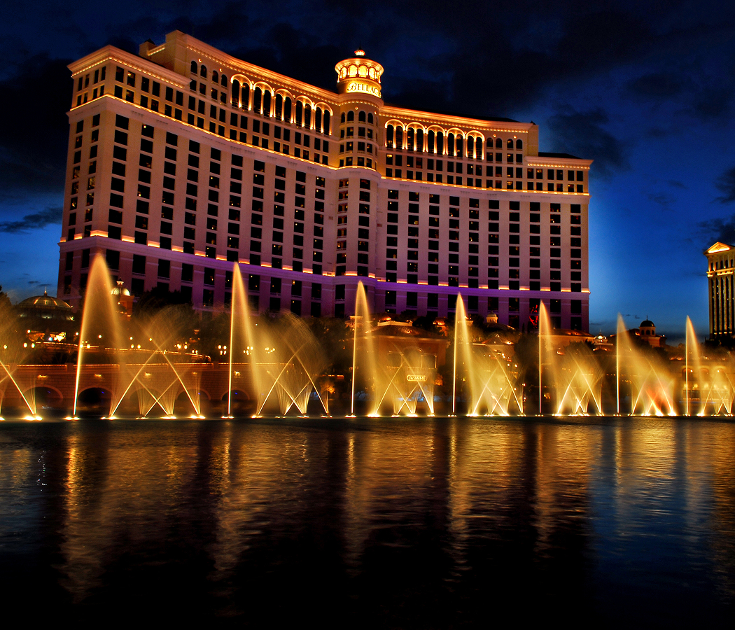 Illuminated water fountains in front of the Bellagio Hotel in Las Vegas