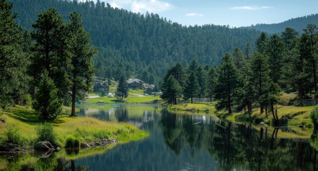 Charming mountain town of Evergreen surrounded by forested hills