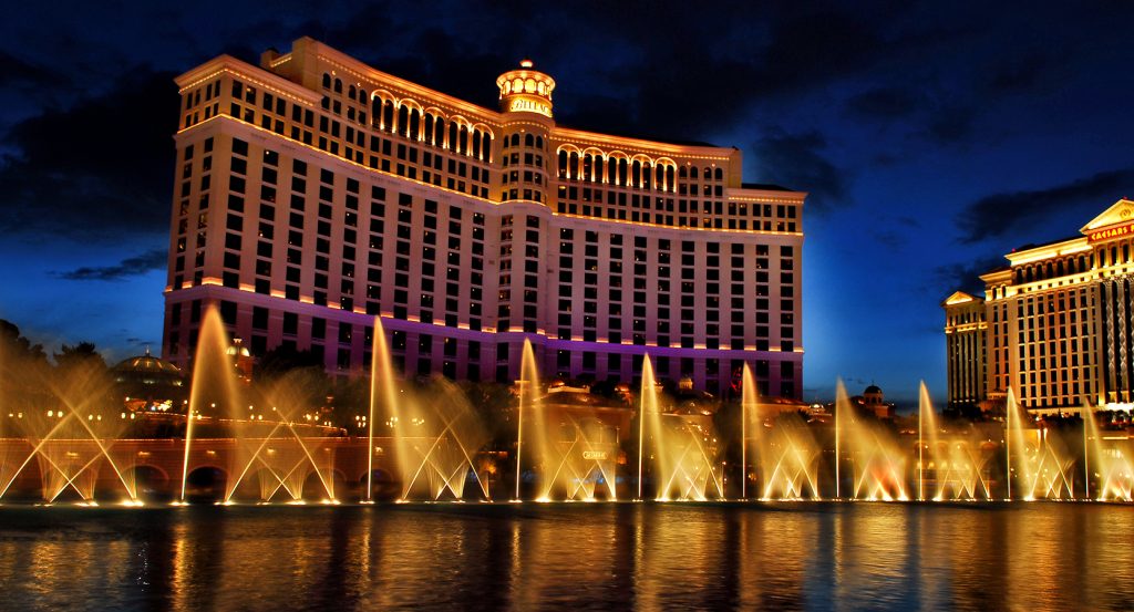 Nighttime water show at the Bellagio Fountains on the Las Vegas Strip