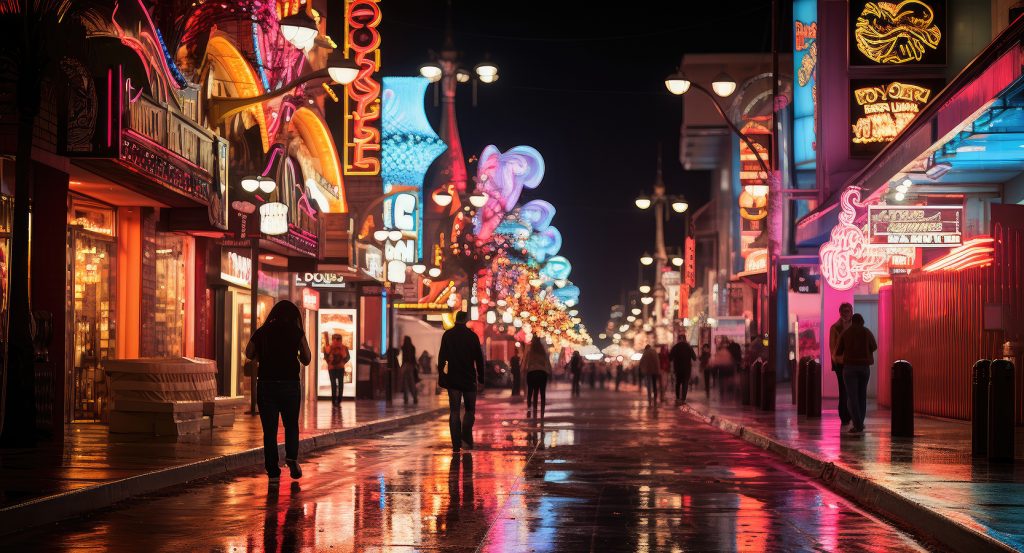 People walking under glowing neon signs along Fremont Street in Las Vegas.
