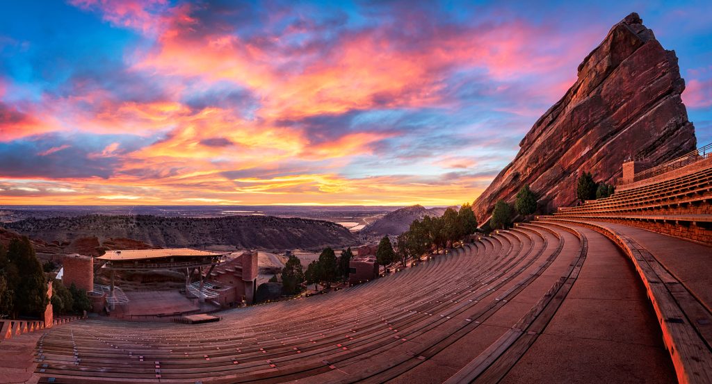 Natural rock formations surrounding Red Rocks concert venue near Denver