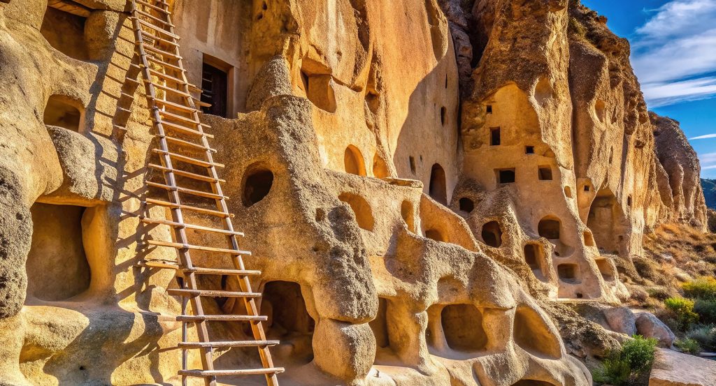 Wooden ladder leading into cave dwelling at Bandelier National Monument