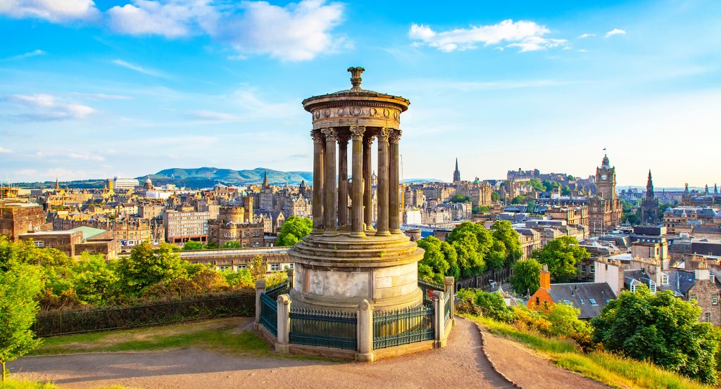View from Calton Hill with Edinburgh skyline and monuments