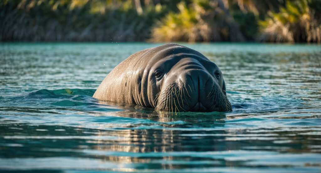 Close-up of a manatee swimming in clear blue water in Florida