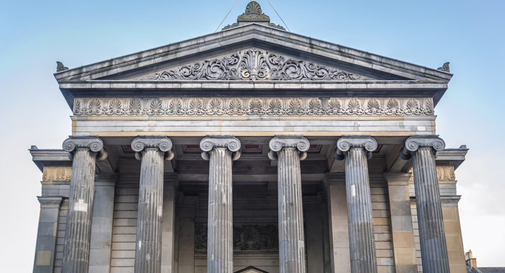 Detailed columns and entrance of Surgeons’ Hall Museums, Edinburgh