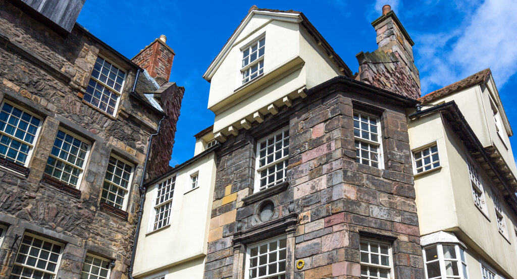 Stone and timber details of John Knox House in Edinburgh