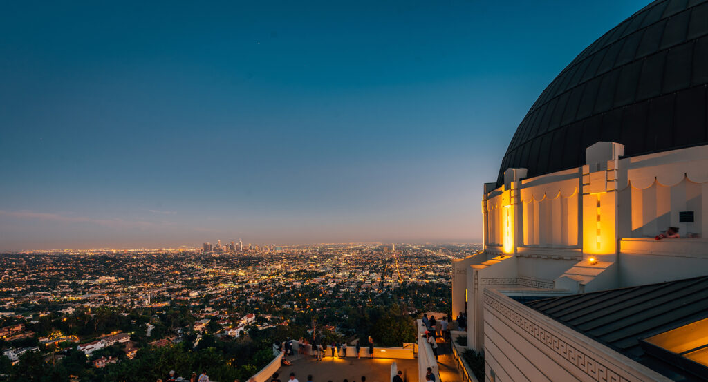 Night view of Los Angeles city lights from Griffith Observatory terrace