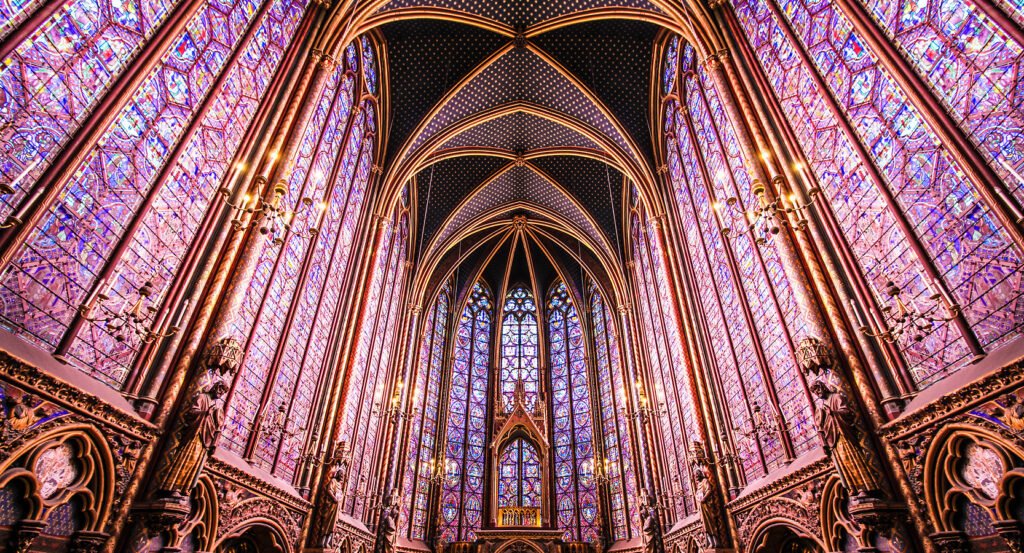 Sainte Chapelle stained glass windows and vaulted ceiling in Paris