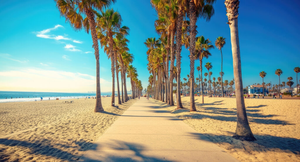 Bright blue sky and sandy coastline along Venice Beach path