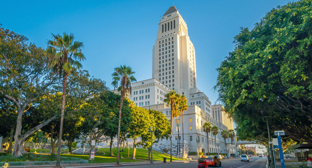 Downtown Los Angeles City Hall landmark with palm trees