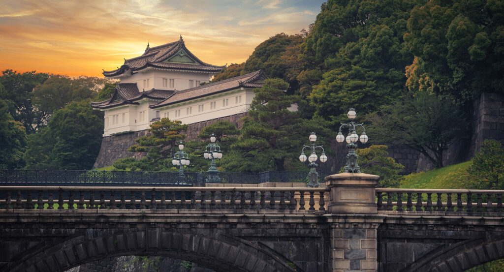 Imperial Palace gardens in Tokyo with historic walls and trees