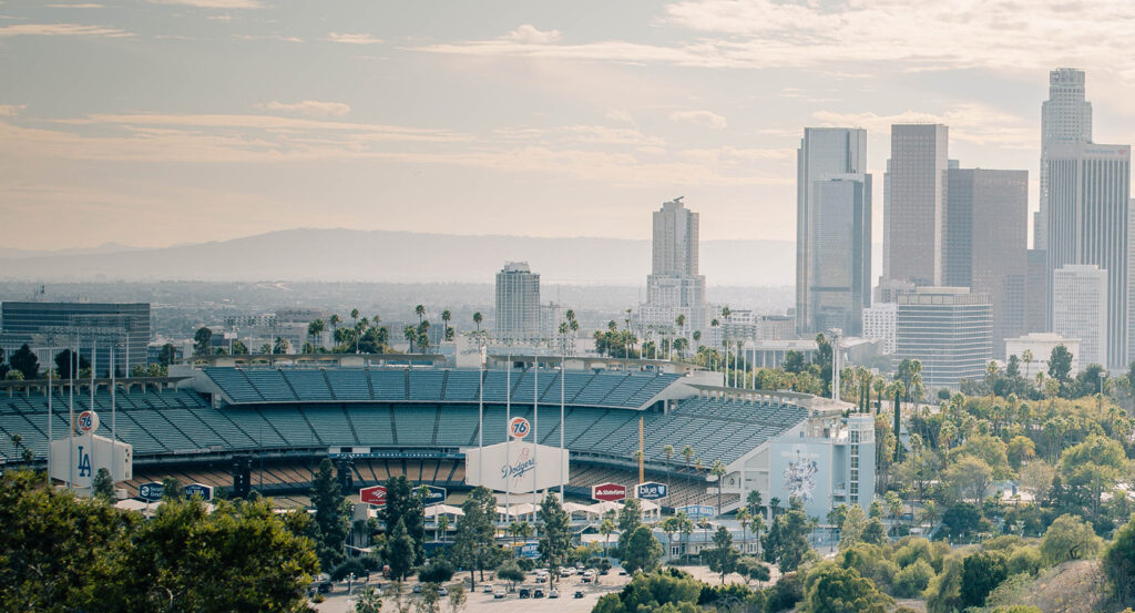 Downtown Los Angeles skyline overlooking Dodger Stadium