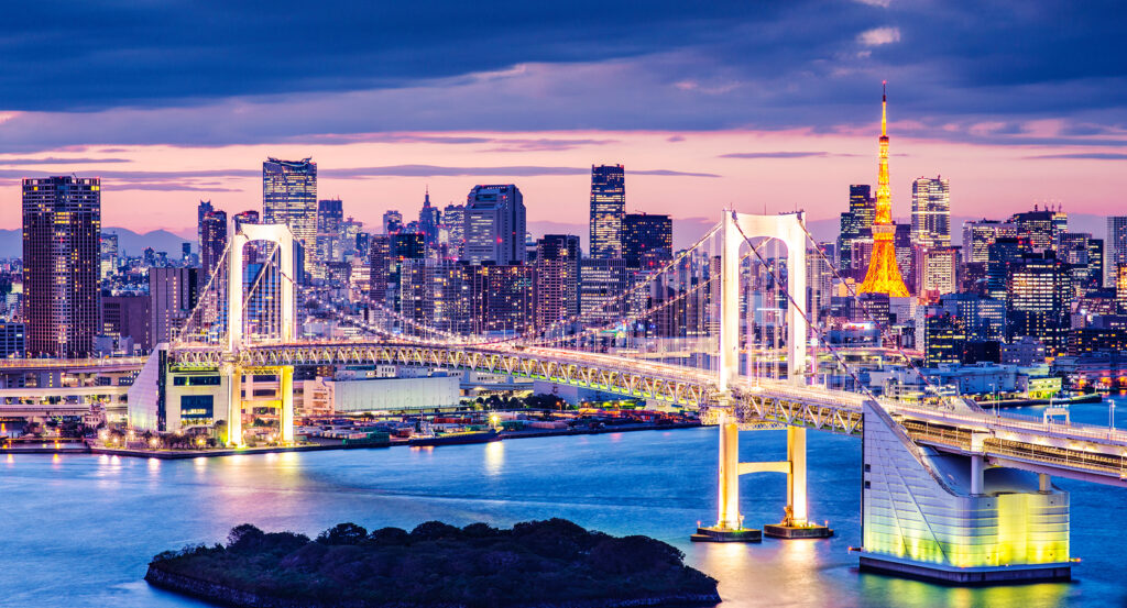 Night skyline of Odaiba with Rainbow Bridge and Tokyo Tower
