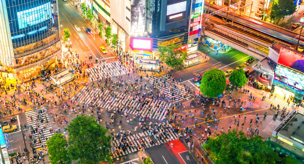 Aerial view of Shibuya Crossing at night in Tokyo