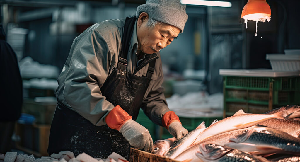 Rows of fresh fish and seafood displayed on ice at Tsukiji Market Tokyo