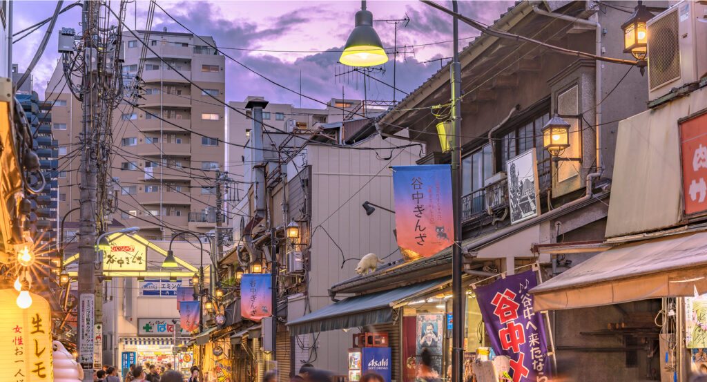 Evening view of Yanaka District with crowds and lantern-lit shops in Tokyo