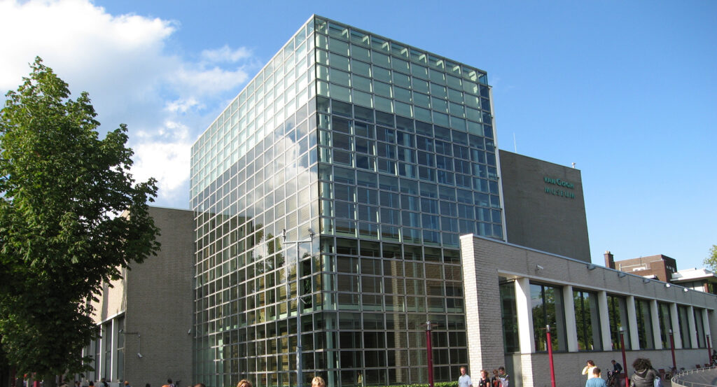 Front entrance of the Van Gogh Museum in Amsterdam with modern glass design