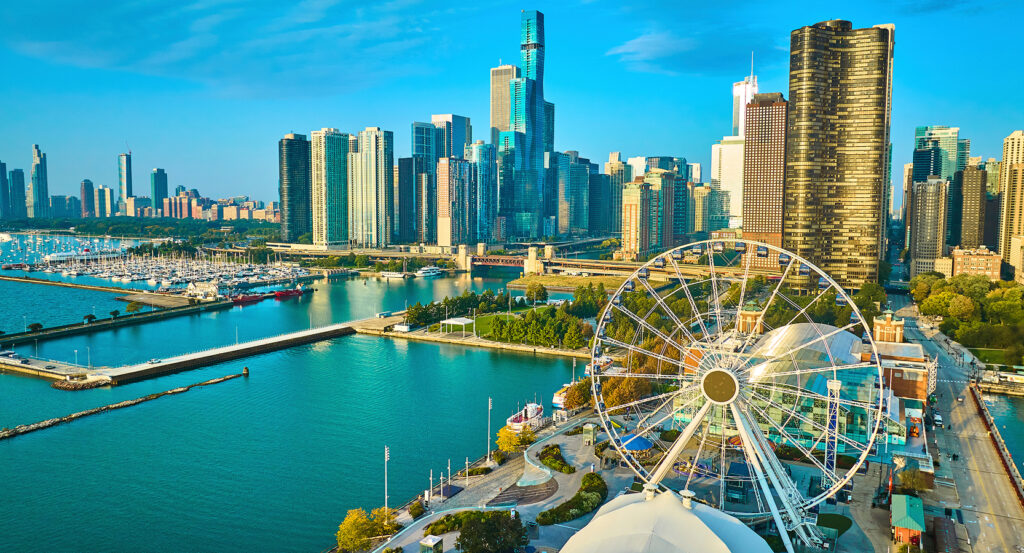 Aerial view of Navy Pier with Lake Michigan and downtown skyscrapers