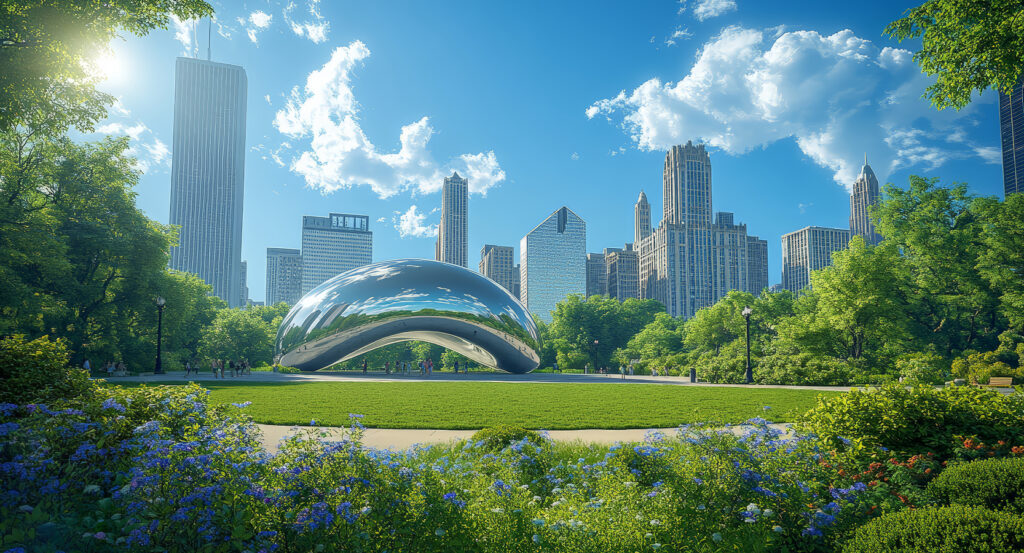 The Chicago Bean shining in Millennium Park surrounded by skyscrapers and greenery