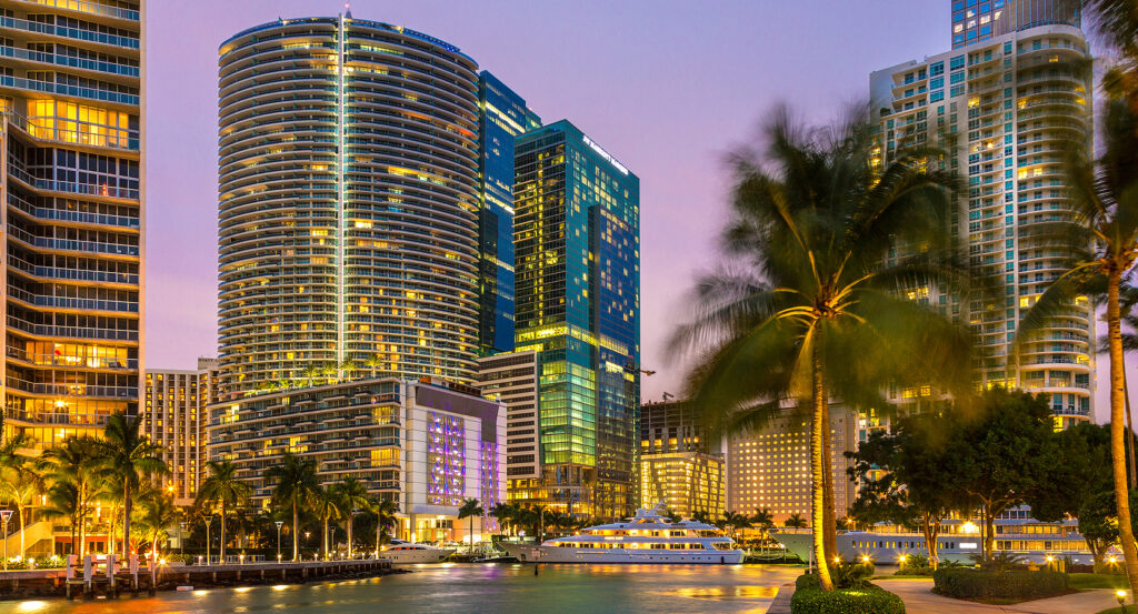 View of Brickell’s waterfront and towers in Miami at dusk