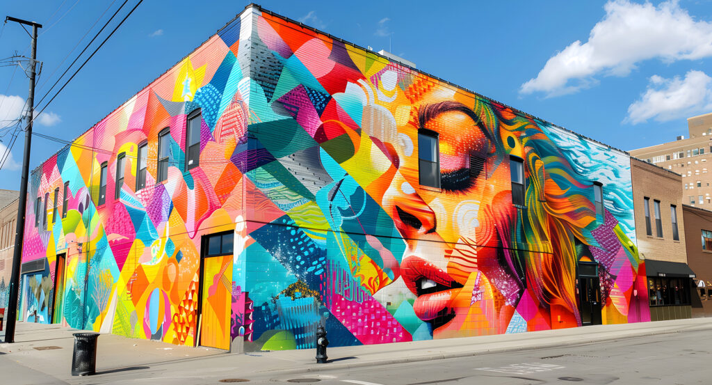 Colorful Miami building mural at Wynwood Walls art district