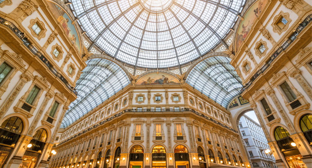 Milan’s iconic Galleria Vittorio Emanuele II with shoppers and architecture