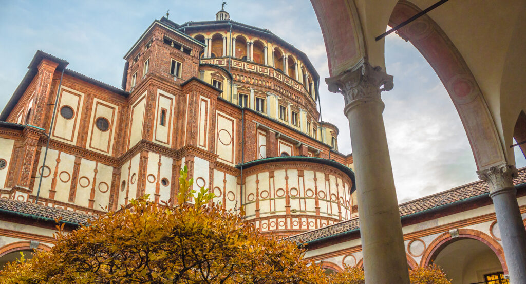 Renaissance architecture of Santa Maria delle Grazie in Milan, home to da Vinci’s Last Supper