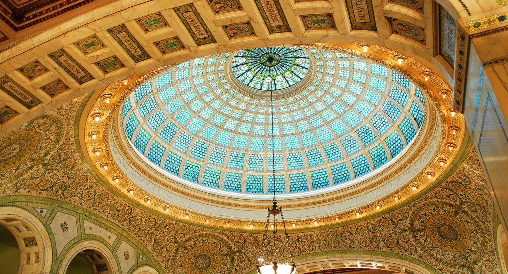 Ornate ceiling architecture at Chicago Cultural Center