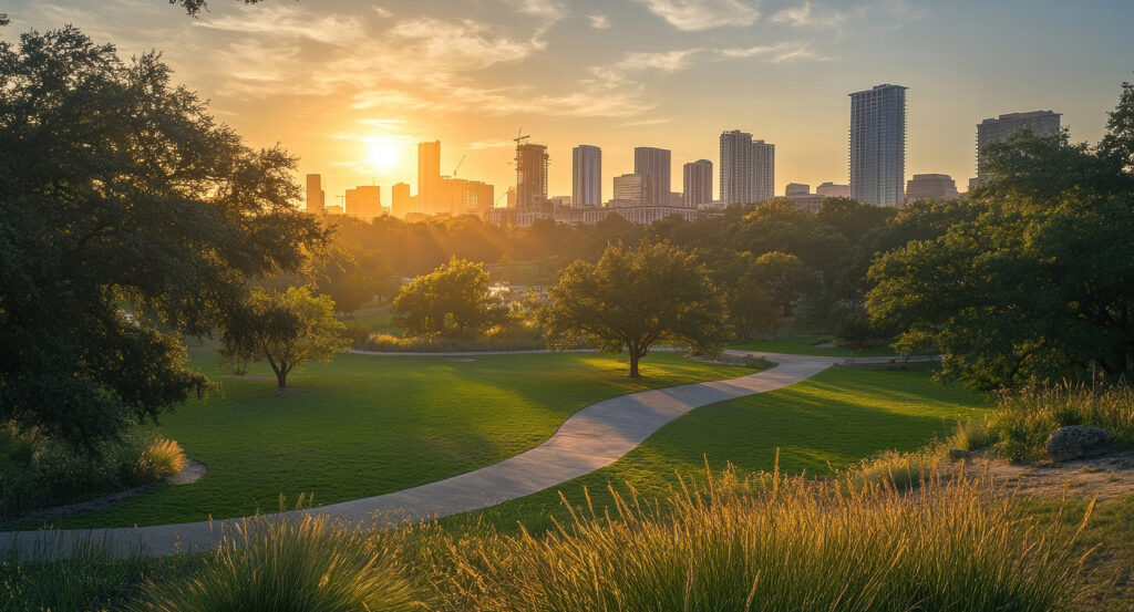 Austin skyline glowing behind Zilker Park’s open fields