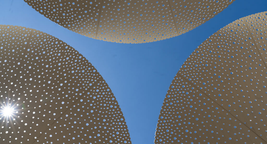 Moody Patio canopy design at Blanton Art Museum in Austin with perforated dome pattern