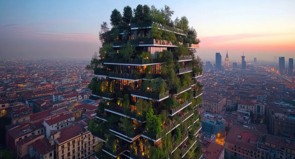Milan’s Vertical Forest high-rises surrounded by the city skyline during sunset