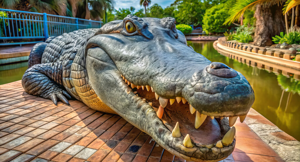 Close-up of the iconic Gatorland alligator entrance statue in Orlando.