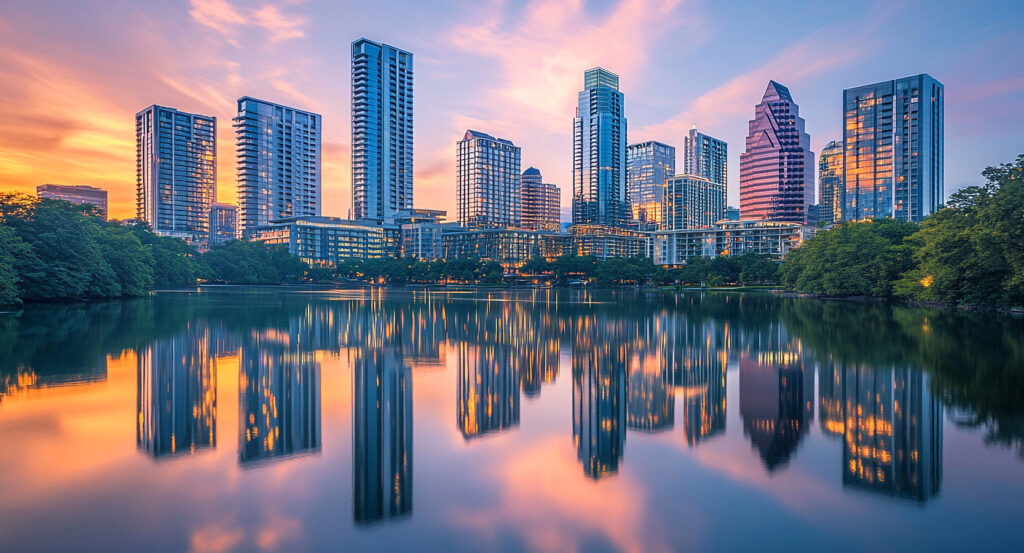 Austin skyline mirrored in Lady Bird Lake during golden hour