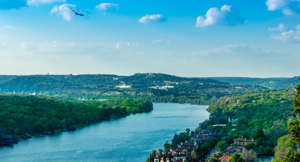 Sunset over Lake Austin and Pennybacker Bridge as seen from Mount Bonnell