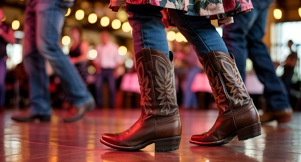 Line dancing at a honky-tonk bar with people wearing cowboy boots