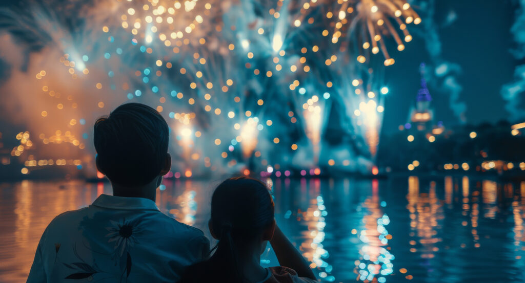 Fireworks display at Magic Kingdom reflecting on the water at night