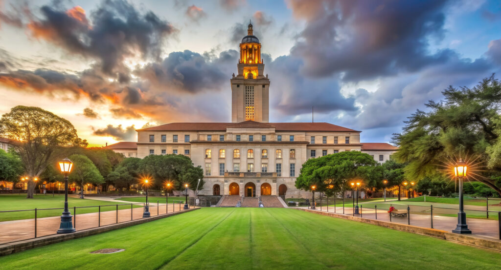 University of Texas Tower with lawn and skyline view in Austin