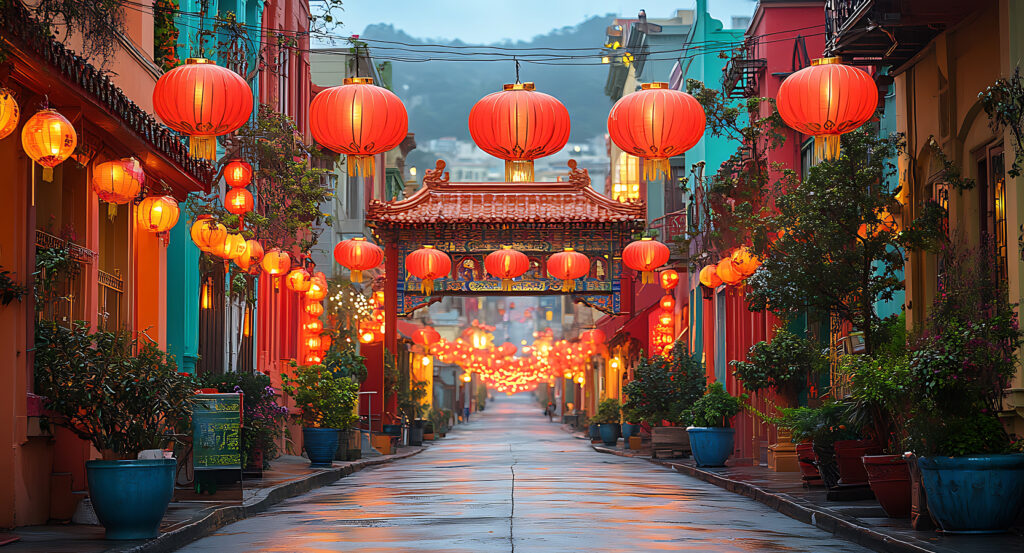 Iconic Chinatown gate lit at night in San Francisco