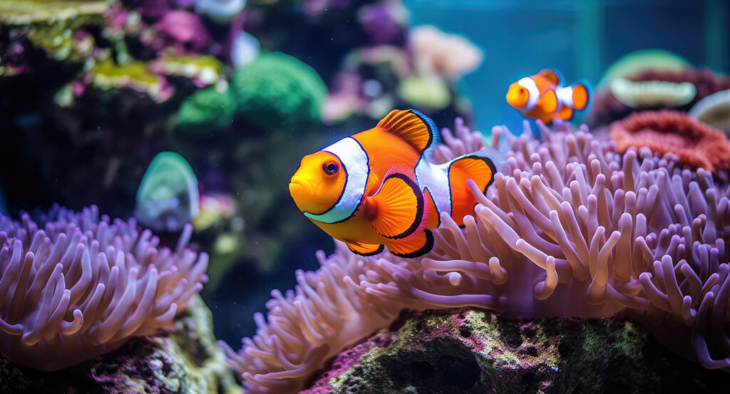 Vibrant marine life with clownfish in coral reef habitat at Seattle Aquarium