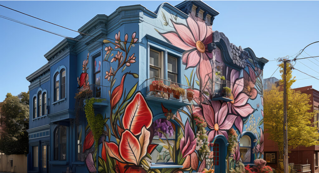 Street art mural covering building in the Mission District, San Francisco