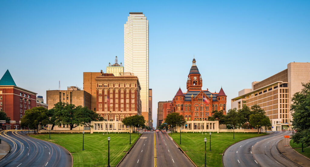 View of Dealey Plaza and Old Red Courthouse in downtown Dallas